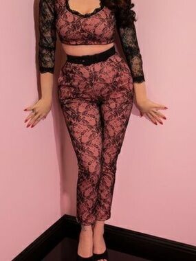 Vixen by Micheline Pitt Pink and Black Lace Cigarette Trousers